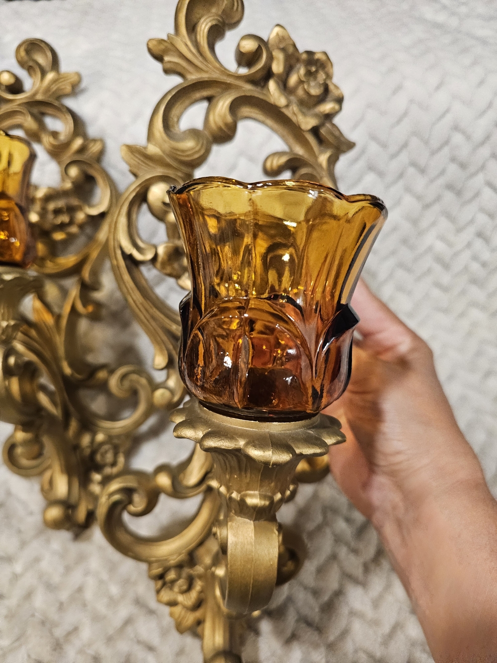 Amber Glass Wall Sconce Shade - Decorative Home Accent With Syroco floral Scroll